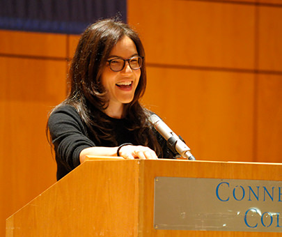Author and alum Sloane Crosley gives a presentation on campus.