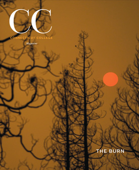 Cover of Fall 2020 magazine, shows burnt trees in a hazy sunrise
