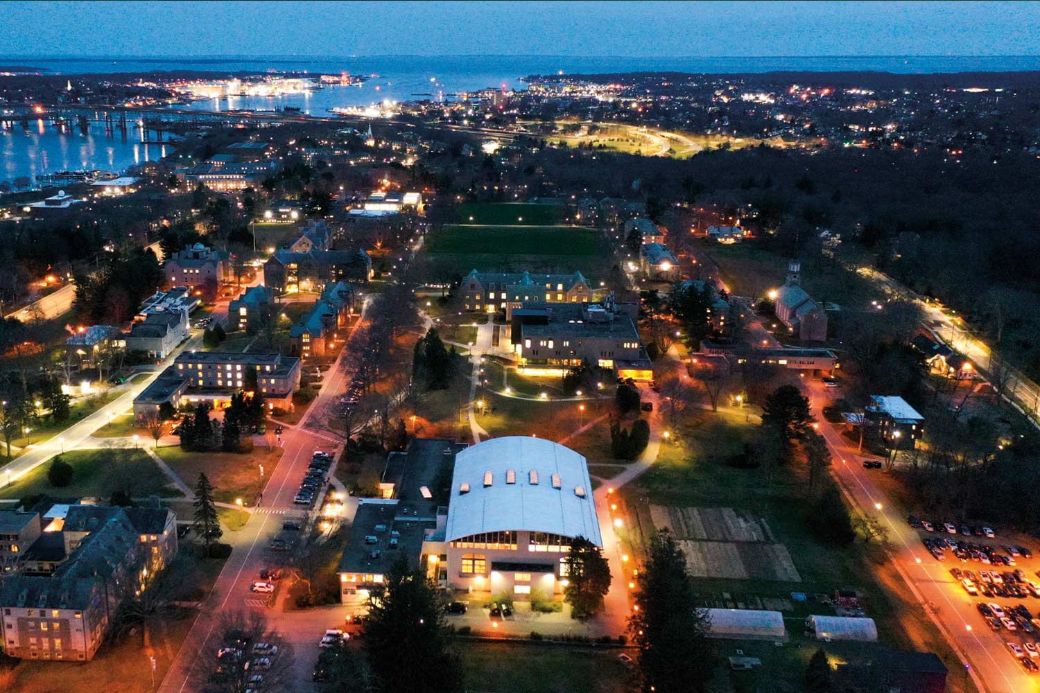 Drone image of the campus at night
