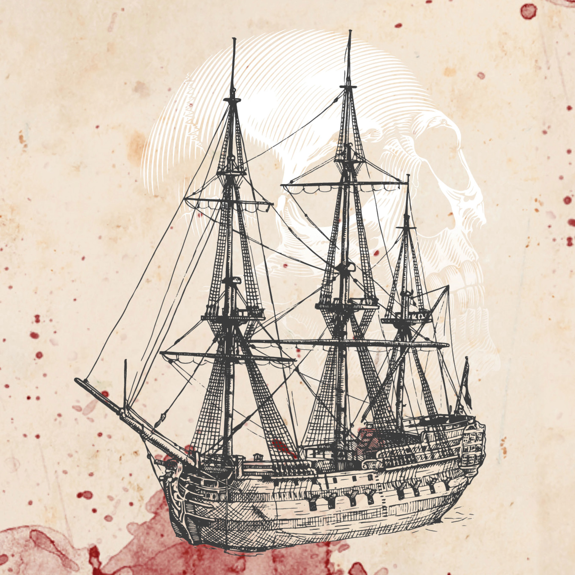 Illustration of an old ship with a skull behind it