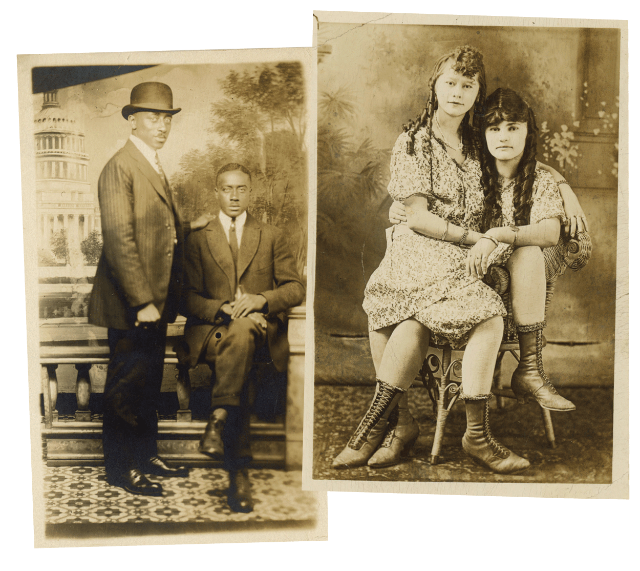 Historic postcards from the early 20th century, one of a couple of men, the other of two women