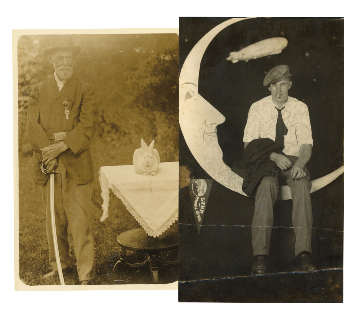 Historic postcards from the early 20th century, one of a man with rabbit, the other of a man sitting on a large crescent moon prop