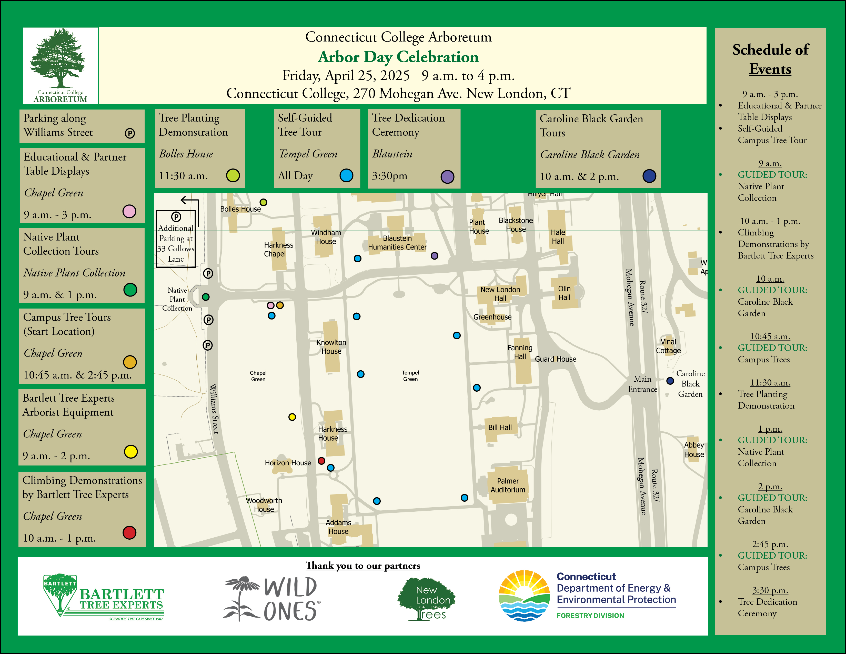 Map of Connecticut College showing locations and schedule for 2025 Arbor Day events