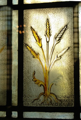 Harkness Chapel stained glass windows have a wheat theme