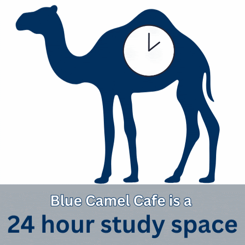 Animated graphic of a dark blue camel with a clock on its body. Text below reads: ‘Blue Camel Cafe is a 24 hour study space
