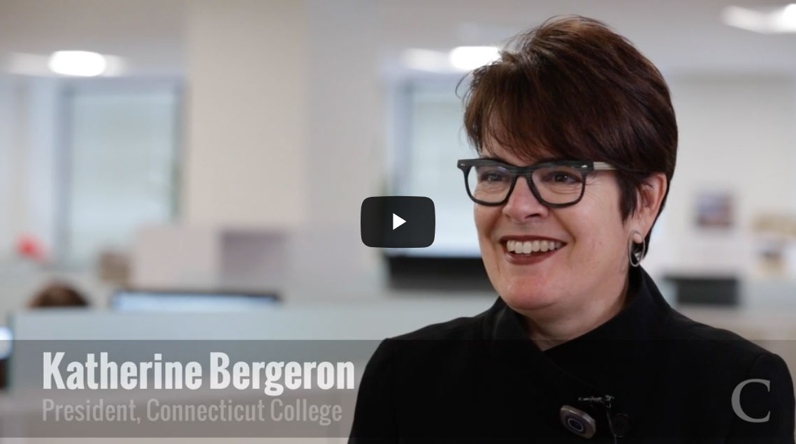 Screenshot from video. Katherine Bergeron smiles on camera.