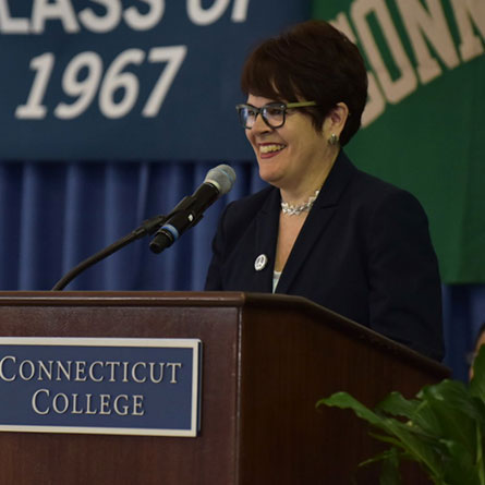 Katherine Bergeron, President of Connecticut College, delivers the State of the College Address June 3 at Reunion 2017.
