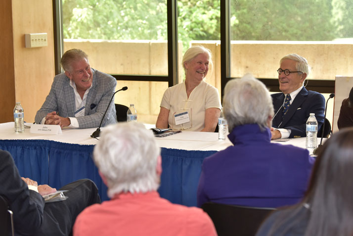 Panelists participate in the The Life and Legacy of Professor Charles Chu event on Friday in the Chu Room in Shain Library, L-R: John Niblack P'98, Christine Dondero '69, Professor George Willhauer 