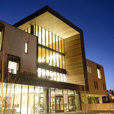 The newly renovated Charles E. Shain Library at night