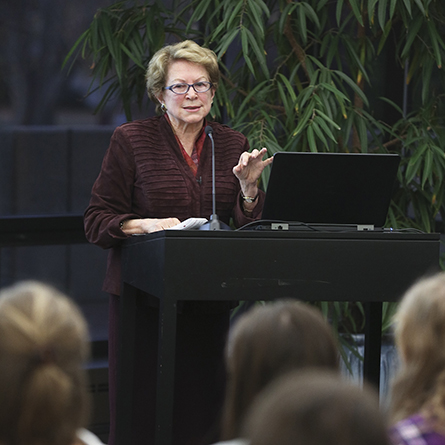 Lumina Foundation Fellow and President Emerita of the Association of American Colleges & Universities Carol Geary Schneider spoke at Connecticut College Nov. 17. 