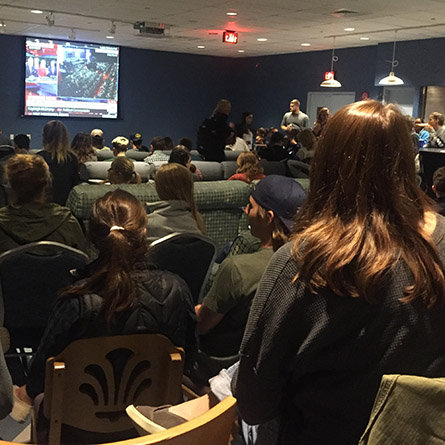 Students watch the Presidential debate at the College Center at Crozier-Williams.