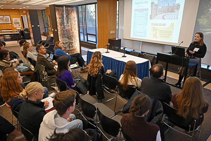 Miranda Dowie ’24 presents her research, “To Educate and Entertain: Targeting Audiences for Exhibition and Events,” as part of the Museum Studies panel in the Charles Chu Asian Arts Reading Room.