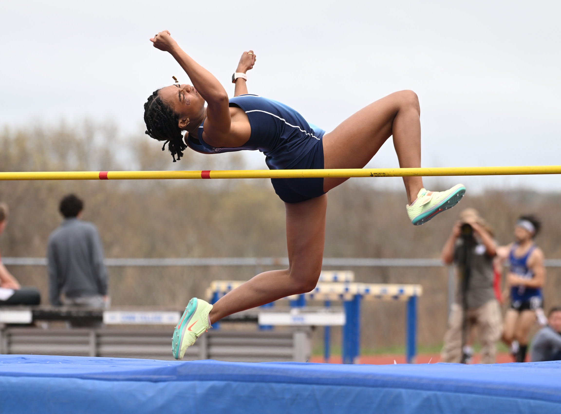 Jazmyn Gillespie clears the bar at 1.42m in the high jump at the Silfen Invitational track meet Saturday, April 15, 2023.