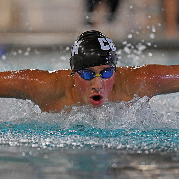 Justin Finkel '25 swims the 200 butterfly for the Connecticut College