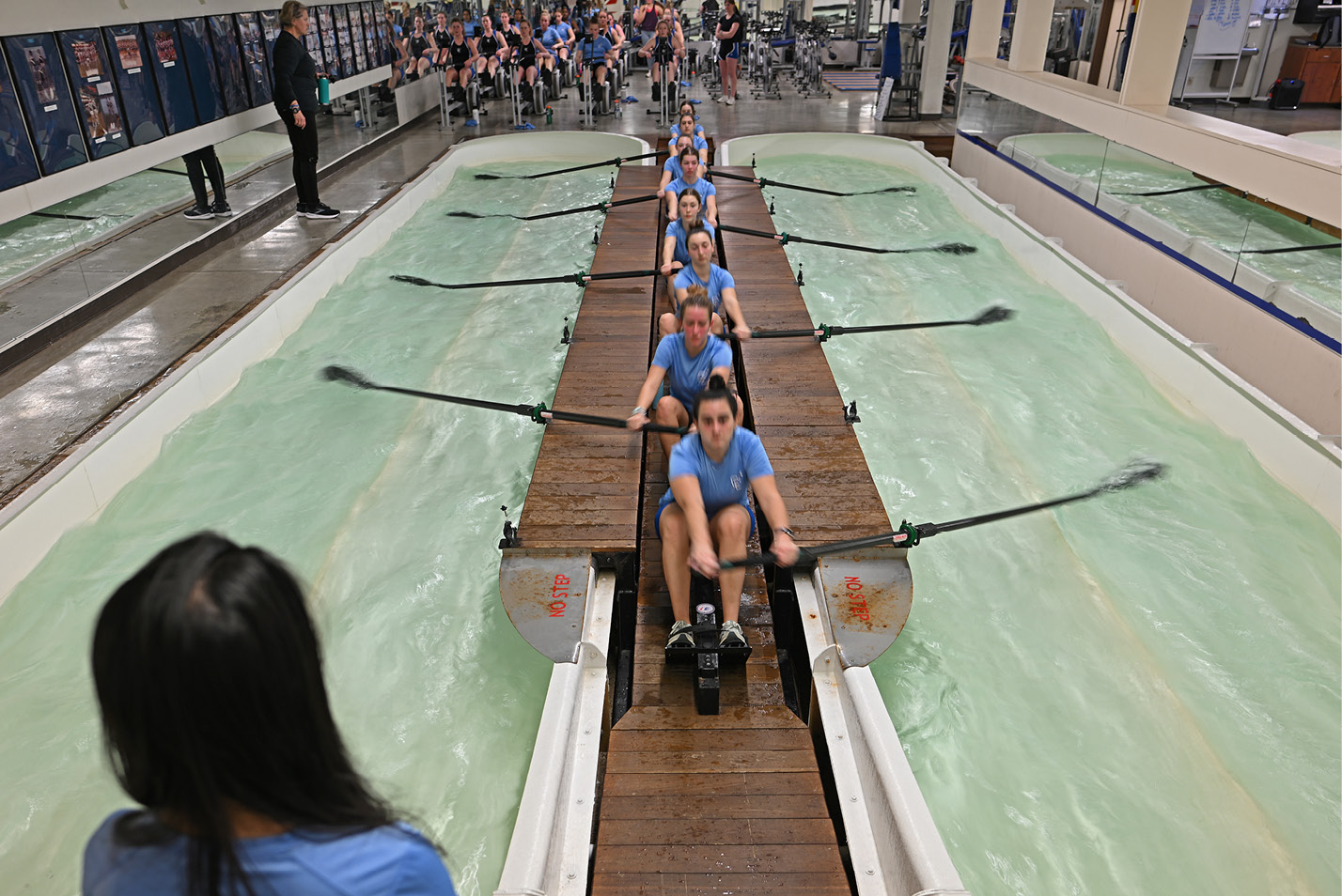 Conn College women’s rowing trains in the Emerson Rowing Tanks.