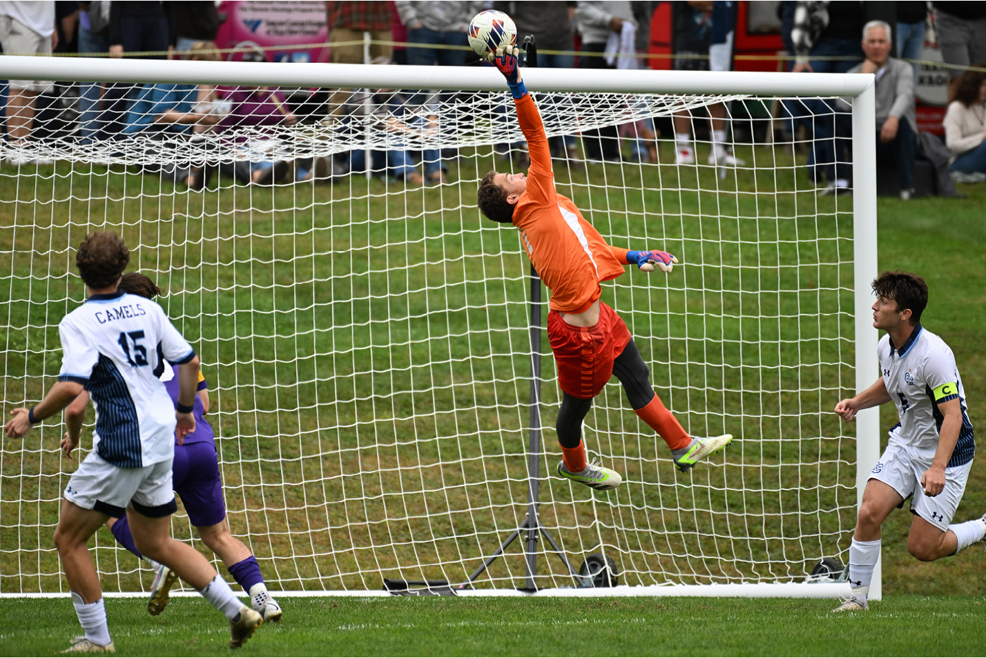 Connecticut College goalie Peter Silveste '25 makes a save against Williams College in NESCAC men’s soccer action Saturday, October 7, 2023 on Freeman Field.