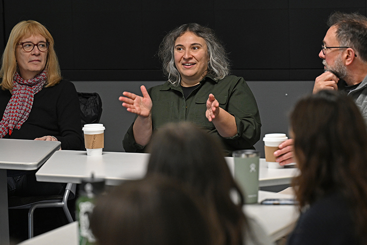Inaugural Krane Guest Residents in Art History Lucy Sante (scholar-in-residence), left, and Natalie M. Curley (collector-in-residence), center, have a discussion Nov. 9 with the 