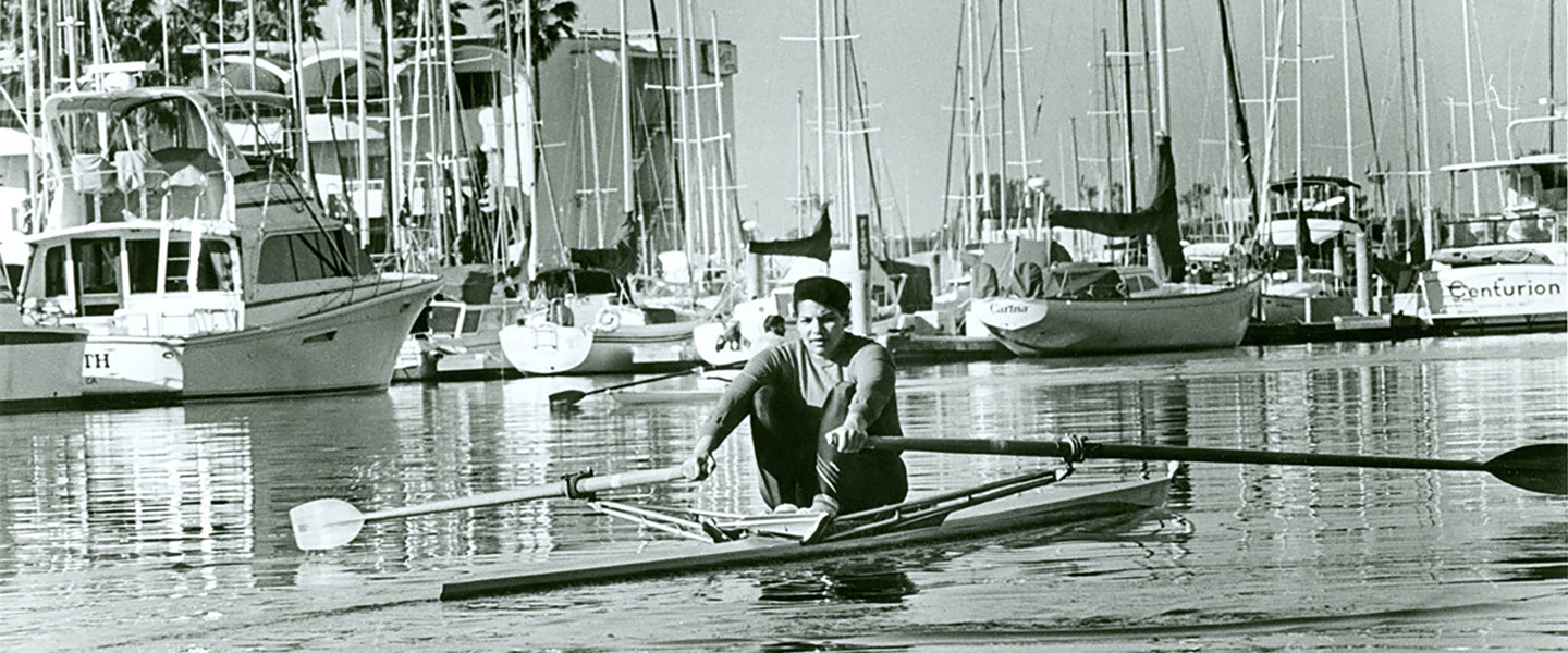 An archival photo of Anita DeFrantz rowing in Florida.