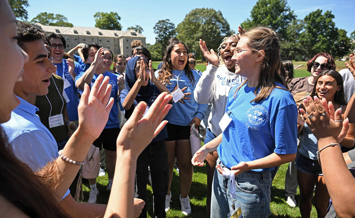Students participate in a preorientation ice breaker activity.