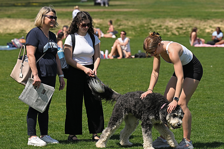 Davi Schulman ’25 walks first dog Koda across campus as President Chapdelaine looks on.