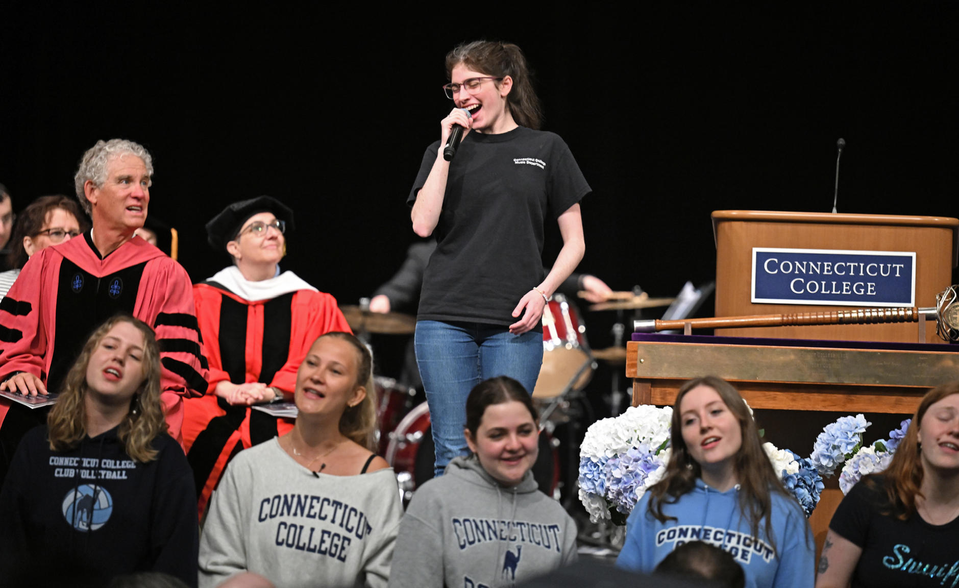 A student performs as part of a flash mob choir at Inauguration.