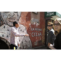 Museo del Barrio tour guide Valentine, left, discusses the Celia Cruz Mural in Spanish East Harlem and its significance with Nate Roy '14 and Tess Mikolajczak '15 (far right).  